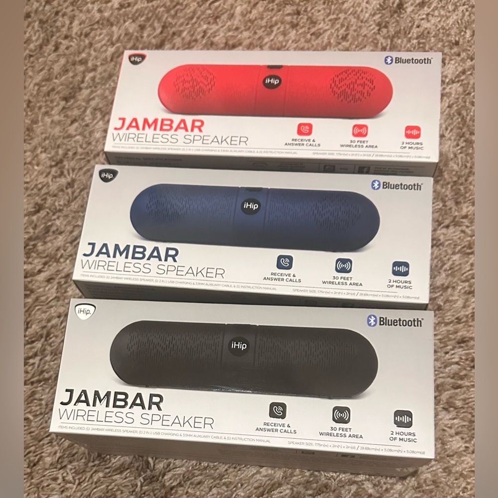 New Ihip Wireless Bluetooth Speaker Jambar 30' Range Blue Usbcharging Aux Cable